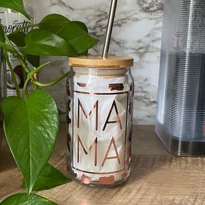 Mama Rose Gold Leopard Print 16 oz Libbey Glass Can Coffee Cup Bamboo Lid Straw